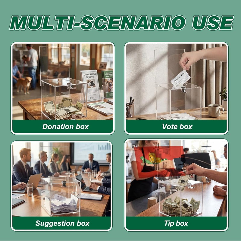 Teling صندوق تبرعات أكريليك طويل مع قفل ولوحة علامة صندوق اقتراحات آمن مع 100 بطاقة تذاكر سحب للتذاكر، المال، التصويت، الأعمال الخيرية، الاقتراحات (6 × 6 × 6 بوصة، شفاف) - Image 5